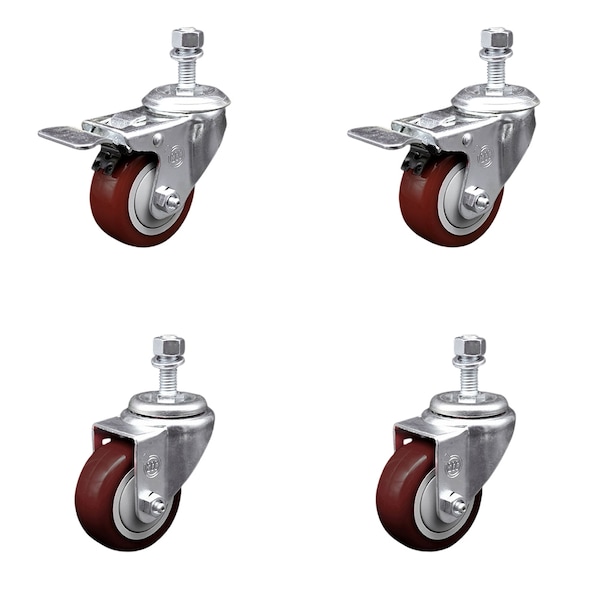 Service Caster 3.5 Inch Maroon Polyurethane Swivel 12mm Stem Caster Total Lock Brake, 2PK SCC-TSTTL20S3514-PPUB-MRN-M1215-2-S2 - main
